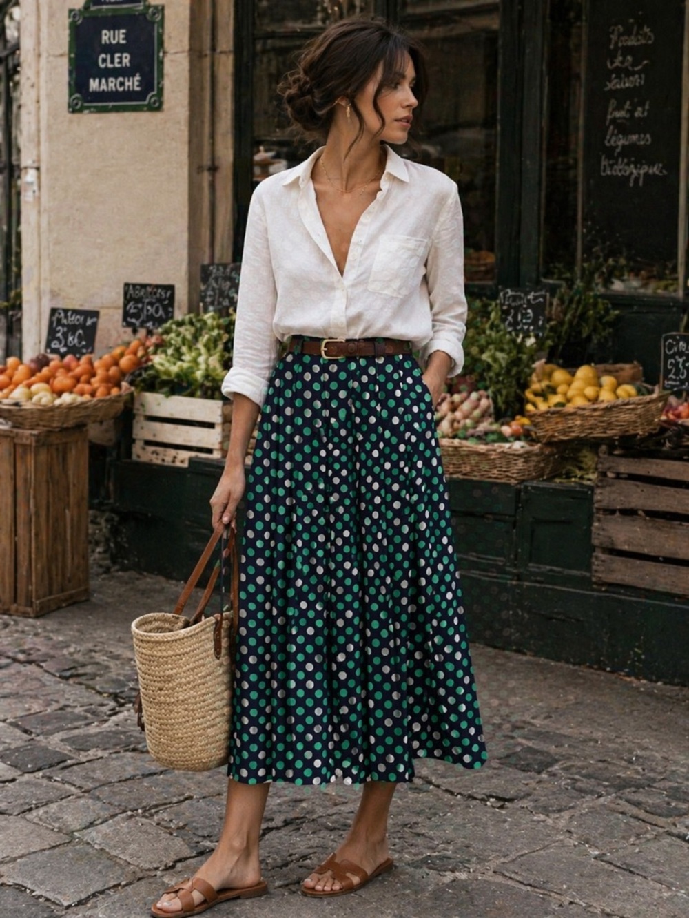 Vintage JNY Silk Polka Dot Midi Skirt | Navy Green White | Size 4